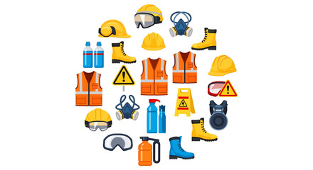 Fototapeta premium Construction Safety Gear: Helmets, Vests, Boots, Masks, and Warning Signs