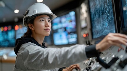 Professional in safety gear operates a control panel with numerous screens displaying data in a technology-focused environment