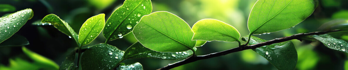 fresh green leaves growing on a tree branch in raindrops and dew in the forest in spring. Wide panoramic natural background