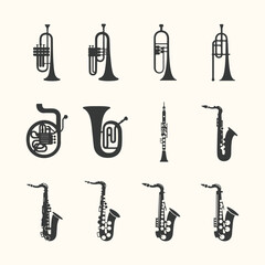 Vector art of collection of various brass and woodwind musical instruments, including trumpets, french horns, clarinets, and saxophones, depicted as black silhouettes against a light cream background