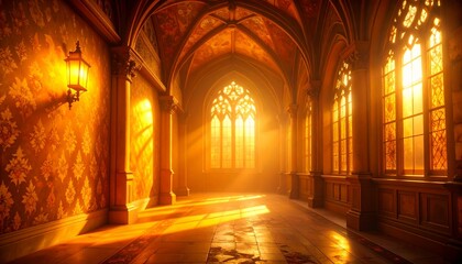 Medieval gothic interior with stained glass and dramatic sunlight