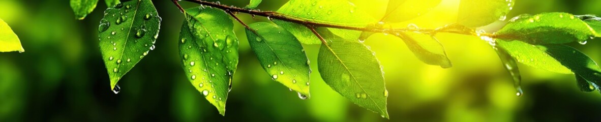 fresh green leaves growing on a tree branch in raindrops and dew in forest in spring on sunny day. Wide panoramic natural background