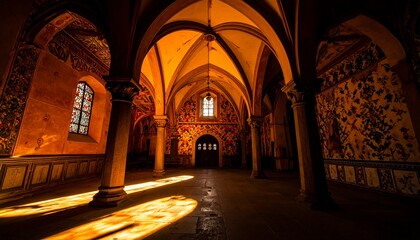 Medieval gothic interior with stained glass and dramatic sunlight