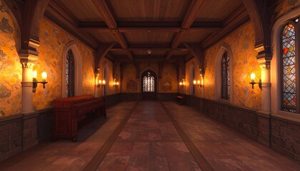 Medieval gothic interior with stained glass and dramatic sunlight