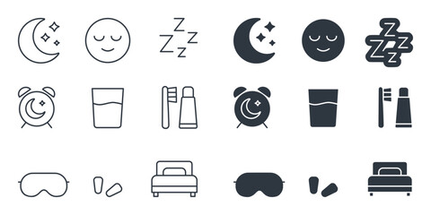 Collection of Sleep and Bedtime Routine Icons on Light Background Featuring Moon and Stars, Sleeping Face, Alarm Clock, Glass of Water, Toothbrush, Toothpaste, Sleep Mask, Earplugs, and Bed
