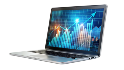 Laptop, showing upward trending stock market graph, cutout, PNG isolated on transparent background