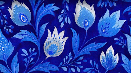 Blue Floral Pattern with Leaves on Dark Background for Design Use