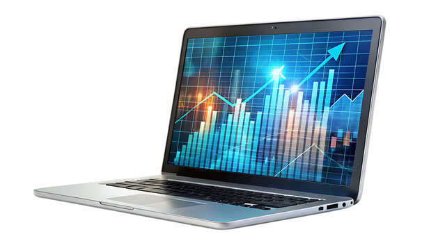 Laptop, showing upward trending stock market graph, cutout, PNG isolated on transparent background - Powered by Adobe