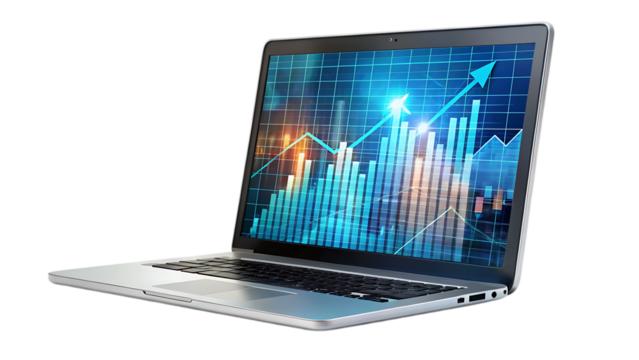 Laptop, showing upward trending stock market graph, cutout, PNG isolated on transparent background