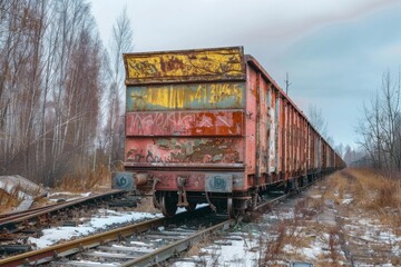 Obraz premium Old rusty abandoned train car standing on railroad tracks in winter
