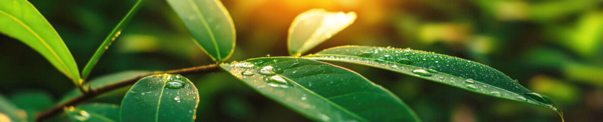 green leaves growing on tree branch in rain drops and dew in forest in spring. Wide panoramic natural background