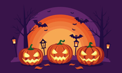 Spooky Halloween pumpkins glowing under a vibrant moon with bats flying in a festive purple sky