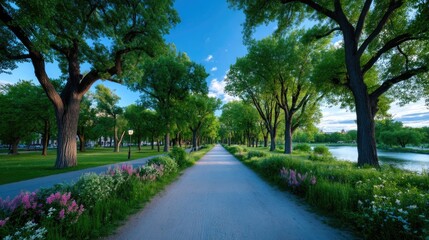 Long Path Through Park with Green Trees and Lush Flowers Blue Sky Landscape with Gravel Walkway in Beautiful Cinematic Lighting with HDR