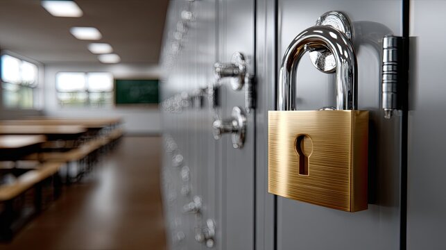 A brass padlock secured on a locker door reflects the quiet atmosphere of an empty hallway, illuminated by soft, natural light - Powered by Adobe