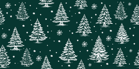 Obraz premium Christmas pattern with tree on blue, hand drawn illustrations 