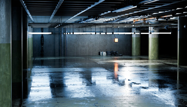 Empty underground concrete parking garage with wet floor and fluorescent lights