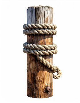 Weathered wooden post, cylindrical, encircled by thick, tan rope; shows age and texture