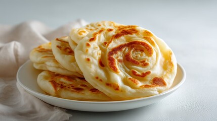 Delicious and golden, stacked Roti Canai paratha on white plate ready to eat