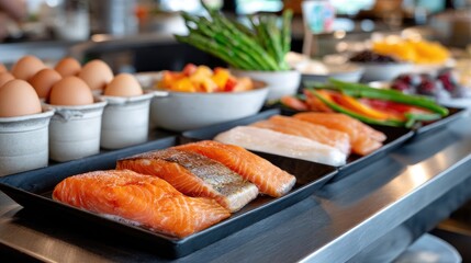 Vibrant ingredients for cooking: salmon, veggies, berries, cheese, and eggs artfully arranged on a wooden board