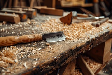 Carpenter's plane lying on workbench covered in sawdust, showcasing traditional woodworking tools and craftsmanship
