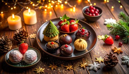 クリスマススイーツ、苺とチョコレートのお菓子、ツリー型ケーキ、ホリデーデザートプレート、和洋スイーツの盛り合わせ、冬のティータイム、キャンドルとスイーツ、木のテーブルのクリスマス、ナチュラルデコレーション、星型オーナメントとお菓子、おしゃれな冬のお菓子、イチゴのデザート、クリスマスのおもてなし、高級感のあるスイーツ、手作り感のあるデザート
