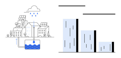 Rainwater tank collecting water from buildings with renewable energy panels shown alongside a bar graph depicting water usage efficiency. Ideal for sustainability, urban planning, renewable energy