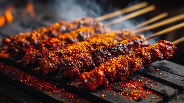 Spicy Chinese skewers chuanr grilled over hot charcoal sprinkled chili powder and cumin