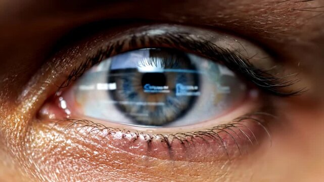 Extreme close-up of a human eye reflecting a scrolling feed of digital content from a screen