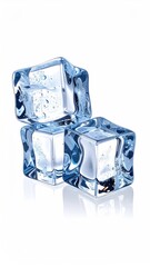 Three translucent ice cubes, slightly overlapping, cast a subtle reflection on a white background