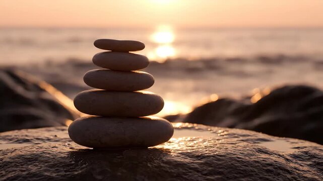 Perfectly balanced stone cairn stacked against a golden sunset over tranquil ocean waters symbolizing harmony and peace