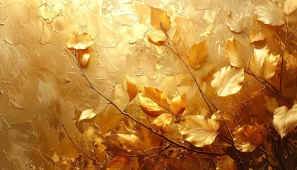Golden leaves on branches against textured gold background