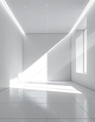 Sunlit minimalist white room with recessed lighting, smooth floor, and single window