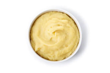 Mashed potatoes in white bowl isolated on white background. Top view