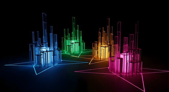 Vibrant Neon Cityscape With Glowing Structures In Multiple Colors Against Dark Background - Powered by Adobe
