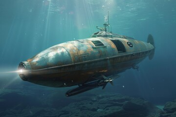 Fototapeta premium Rusty submarine exploring dark ocean floor, with headlight illuminating the way