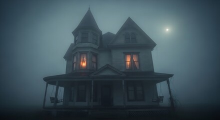 Fogshrouded haunted house with illuminated windows and porch swings under moonlight