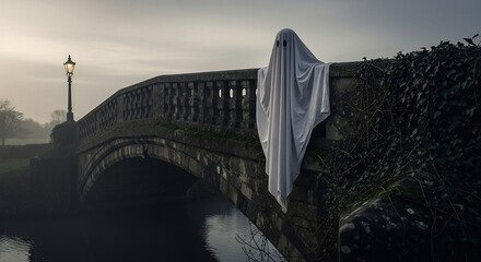Ghost draped on bridge wall misty scene with lamp ivy and river below