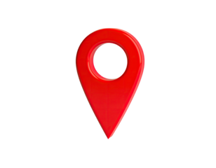 A bright red, 3D location marker icon, isolated on a black background.  The icon depicts a classic map pin, with a circular top and a pointed bottom.  The glossy surface of the pin reflects light