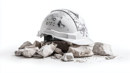A white construction helmet rests on a pile of broken concrete stones. The helmet features a world map design, symbolizing global construction efforts.