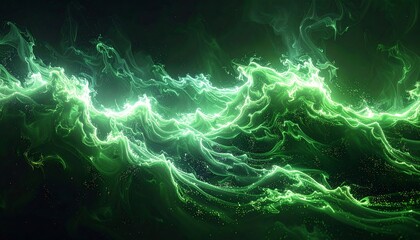 Glowing green energy waves flow across dark background