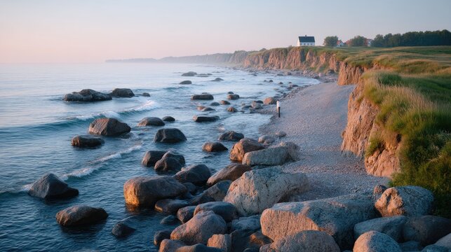 Lone Fisherman on Rocky Shore at Dusk in Cinematic Seascape with Warm Tones and Blue Sea near Cliff in Idyllic Coastal Setting