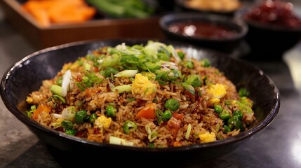 Street food fried rice Chinese wok tossed vegetables and soy smoky wok hei flavor