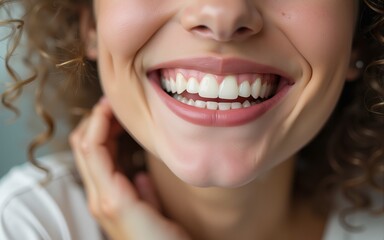 Obraz premium Close up portrait of smiling toothy young she her woman gesturin. High quality