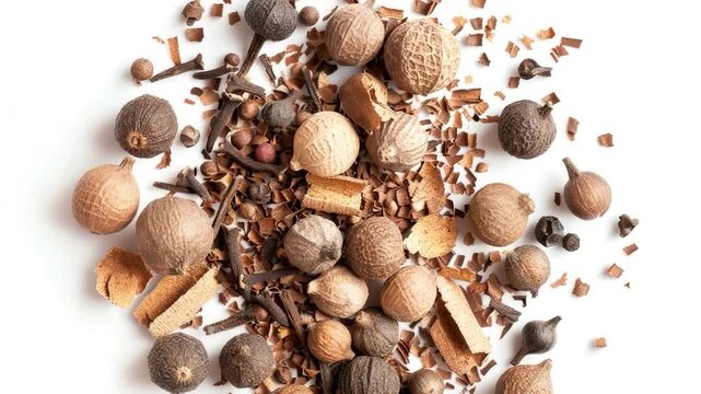 A collection of various nuts and spices arranged on a white background