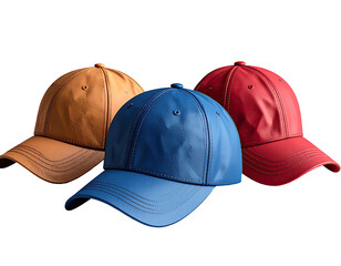Three stylish baseball caps in warm brown, deep blue, and rich red, showcasing a textured leather-like material. 
