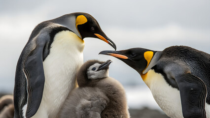 Obraz premium Adorable King Penguin Family Moment Captured: Two Parents Tenderly Watching Over Their Fluffy Chick, A Heartwarming Display of Wildlife and Parental Love