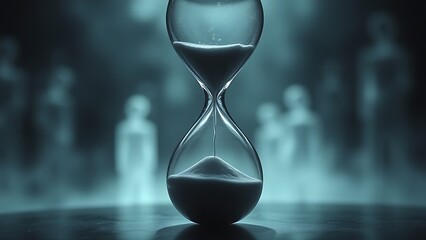 An hourglass with liquid time dripping away, surrounded by faint ghostly silhouettes, symbolizing fleeting moments of life.