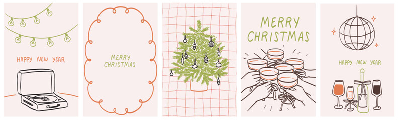 Retro vintage new year banners in doodle line art style. Cute posters or placards print set with people celebrating christmas. Greeting cards on pink background ready for xmas party invitations.