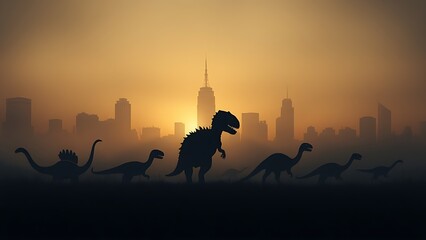 Dinosaur silhouettes fading into mist against a city skyline, symbolizing ancient extinction.