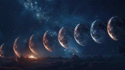 a total serie of moon fases in a sky full of stars